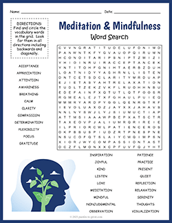 Free printable Meditation and Mindfulness Word Search puzzle worksheet