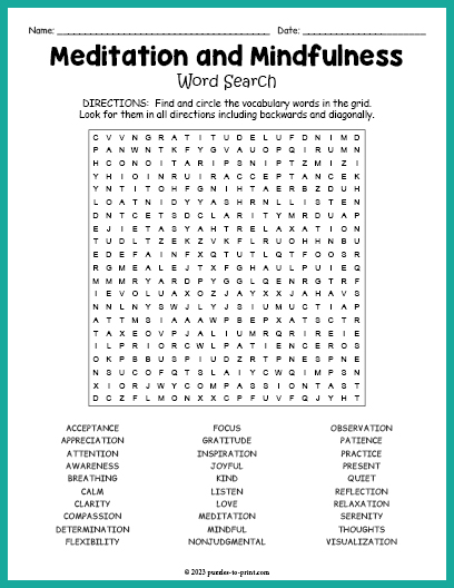 Meditation and Mindfulness Word Search