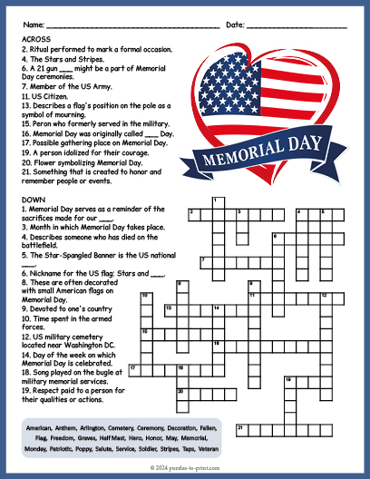 Memorial Day Crossword Word Search