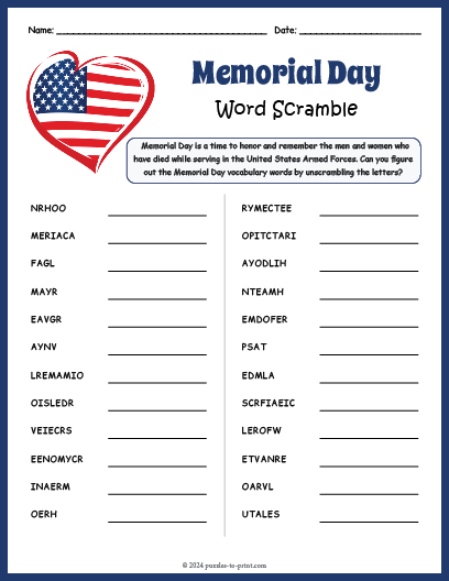 Memorial Day Word Scramble