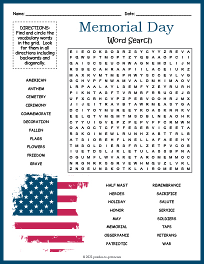 Memorial Day Word Search Word Search