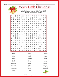 Free printable Merry Little Christmas Word Search puzzle worksheet