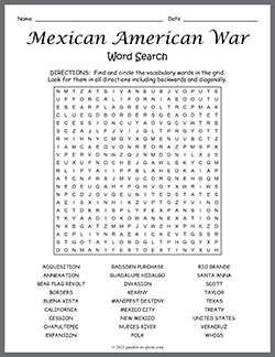Free printable Mexican American War Word Search puzzle worksheet
