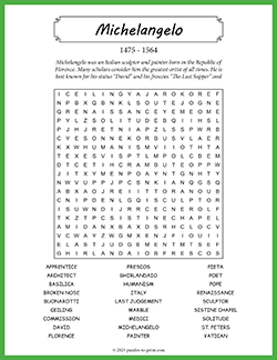 Free printable Michelangelo Word Search puzzle worksheet