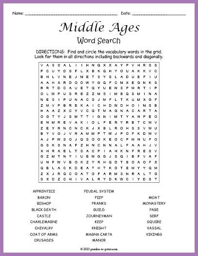 Middle Ages Word Search