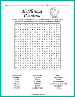 Free printable Middle East Countries Word Search puzzle worksheet