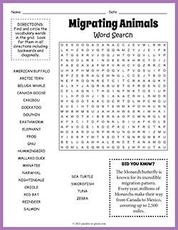 Free printable Migrating Animals Word Search puzzle worksheet