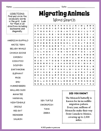 Migrating Animals Word Search