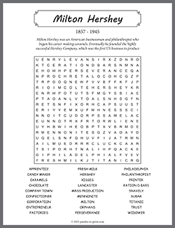 Free printable Milton Hershey Word Search puzzle worksheet
