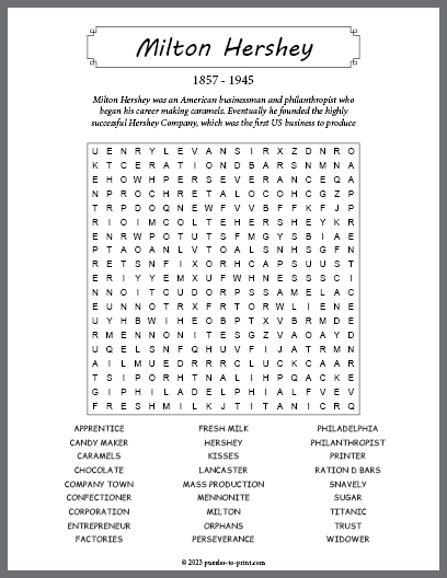 Milton Hershey Word Search