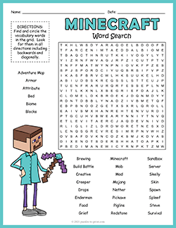 Free printable Minecraft Word Search puzzle worksheet