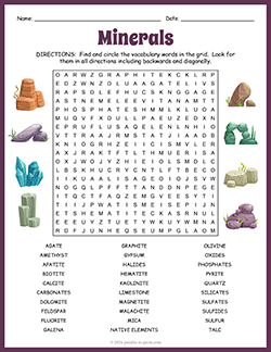 Free printable Minerals Word Search puzzle worksheet