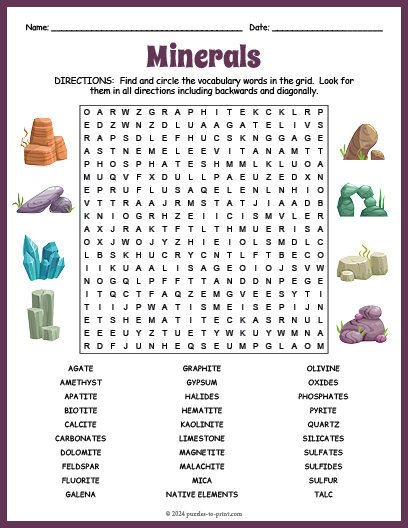 Minerals Word Search
