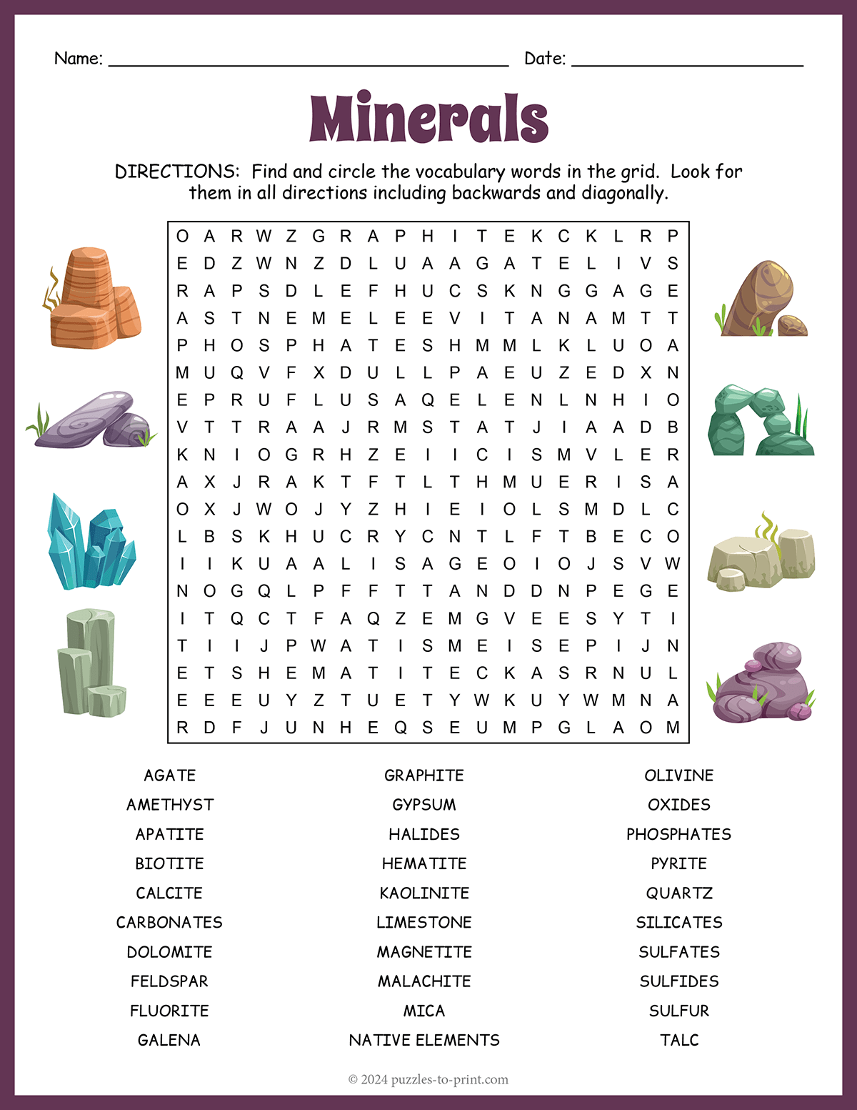 Minerals Word Search