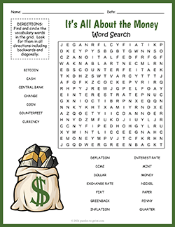 Free printable Money Word Search puzzle worksheet