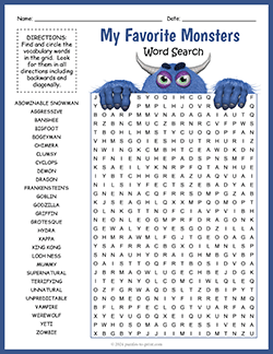 Free printable Monsters Word Search puzzle worksheet