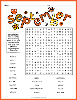 Free printable Month of September Word Search puzzle worksheet