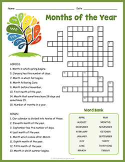 Free printable Months of the Year Crossword puzzle worksheet