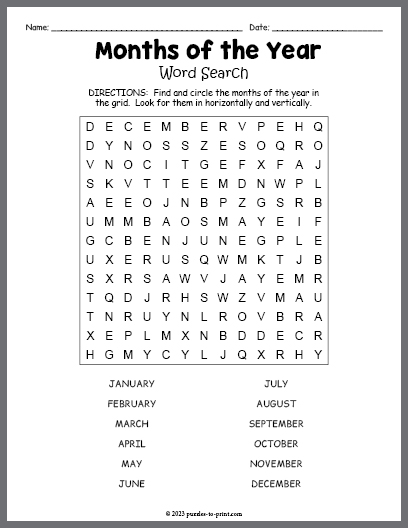 Months of the Year Word Search