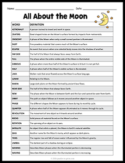 Printable moon vocabulary list and definitions