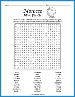 Free printable Morocco Word Search puzzle worksheet
