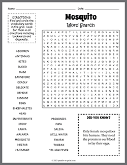 Free printable Mosquito Word Search puzzle worksheet