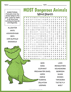 Free printable Most Dangerous Animals Word Search puzzle worksheet