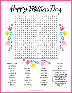 Free printable Mothers Day Word Search puzzle worksheet