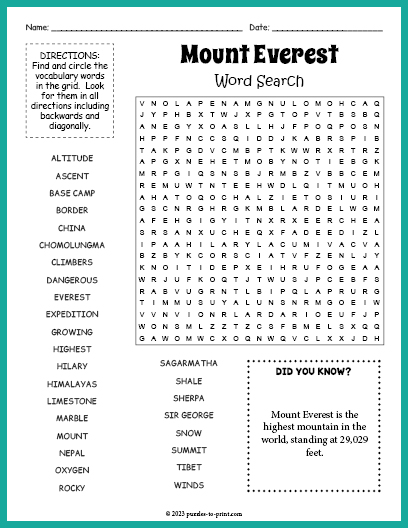 Mount Everest Word Search