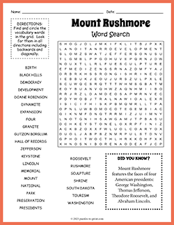 Free printable Mount Rushmore Word Search puzzle worksheet