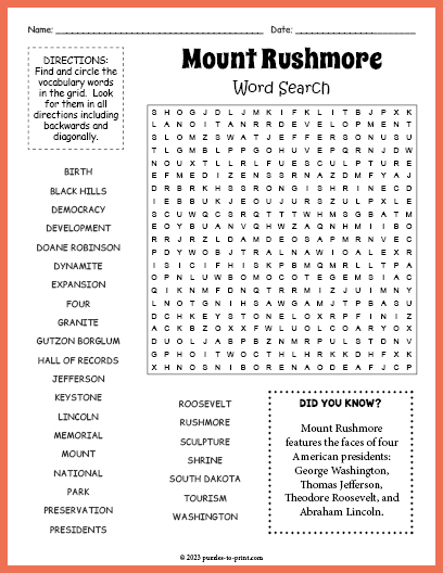 Mount Rushmore Word Search