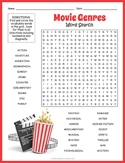 Free printable movie genres word searche puzzle