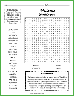Free printable Museum Word Search puzzle worksheet
