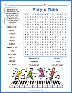 Free printable Musical Instruments Word Search puzzle worksheet