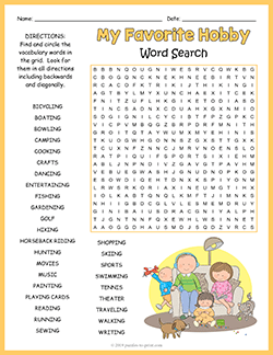 Free printable My Favorite Hobby Word Search puzzle worksheet