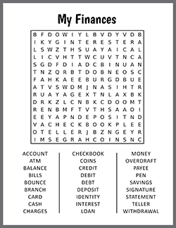 Free printable My Finances Word Search puzzle worksheet