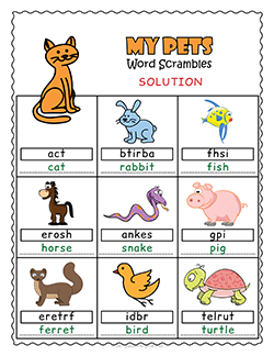 Free printable My Pets Word Scramble puzzle worksheet