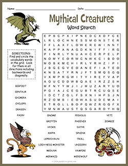 Free Printable Mythical Creatures Word Search Puzzle Worksheet