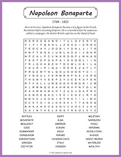 Free printable Napoleon Bonaparte Word Search puzzle worksheet