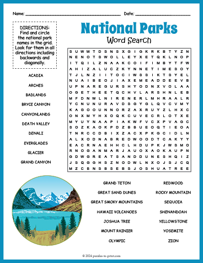 National Parks Word Search