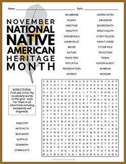 Free printable Native American Heritage Month Word Search puzzle worksheet