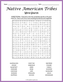 Free printable Native American Tribes Word Search puzzle worksheet