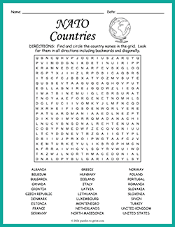 Free printable NATO Countries Word Search puzzle worksheet