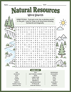 Free Printable Natural Resources Word Search Puzzle Worksheet
