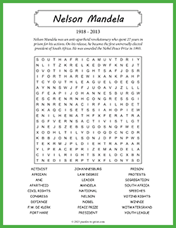 Free printable Nelson Mandela Word Search puzzle worksheet
