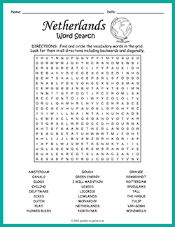 Free printable Netherlands Word Search puzzle worksheet