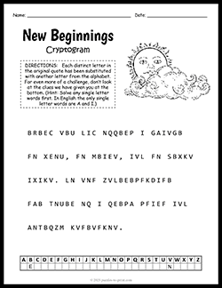 Free printable New Beginnings Cryptogram puzzle worksheet