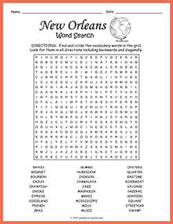 Free printable New Orleans Word Search puzzle worksheet