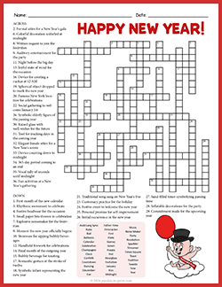 Free printable New Years Crossword puzzle worksheet