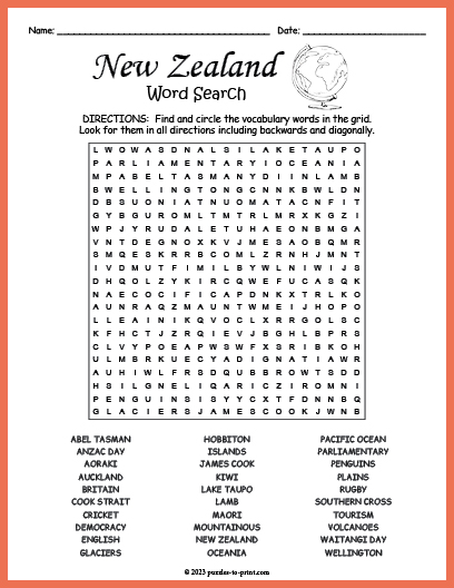 New Zealand Word Search